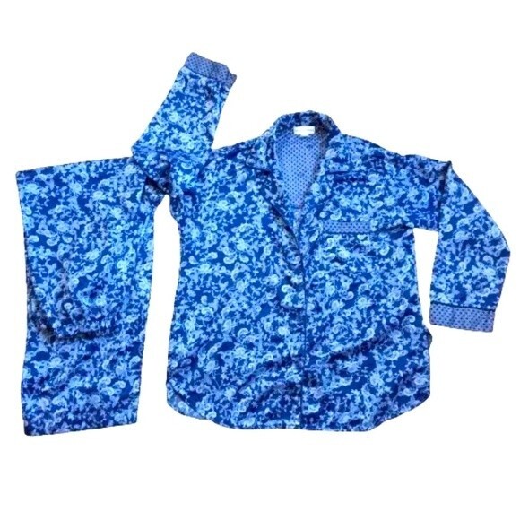 VTG Miss Elaine Pajama Set Women’s Small Blue Floral Long Sleeve Button Front - Picture 1 of 12